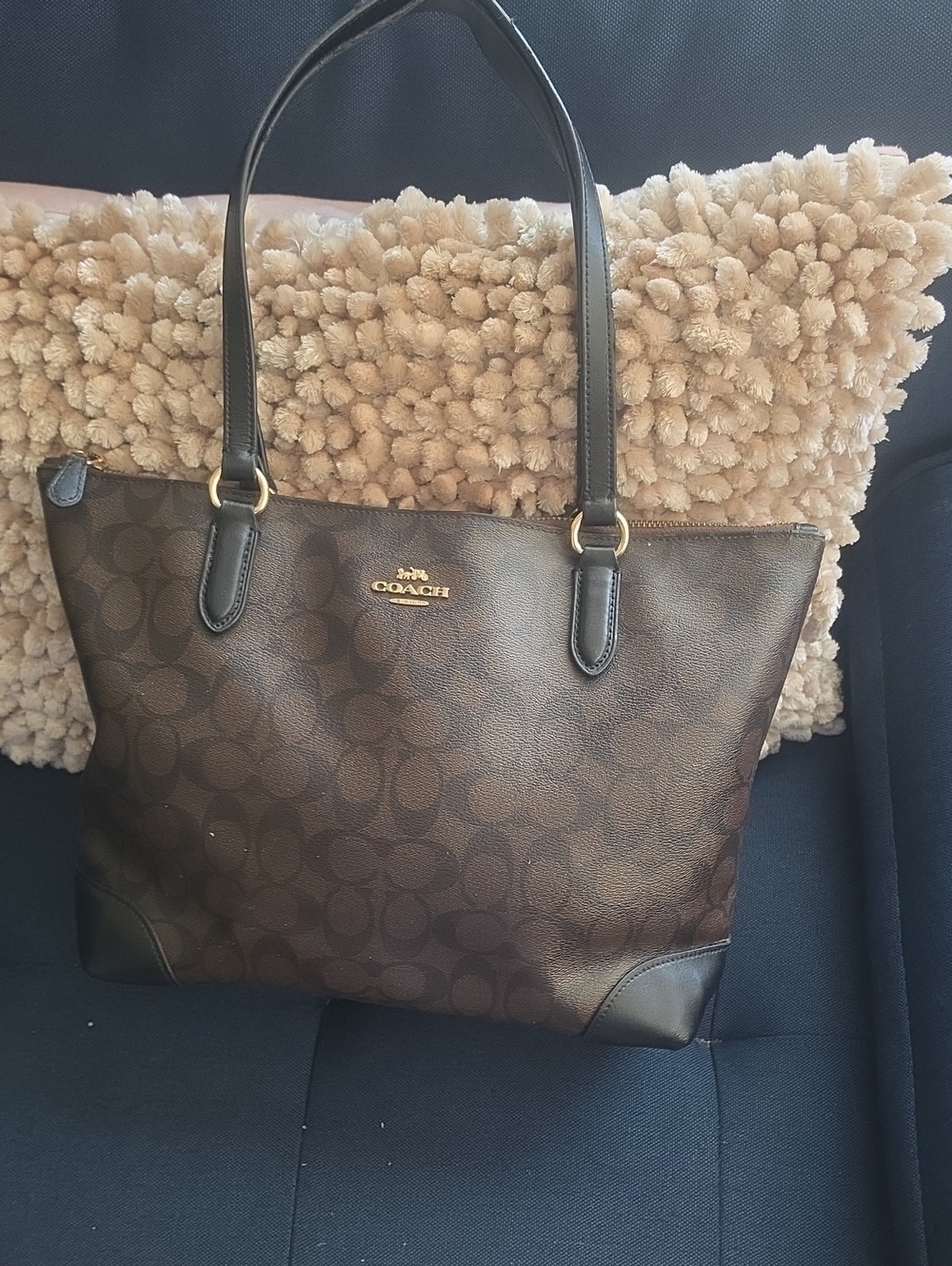 Coach Dark Brown Signature Canvas Tote with Gold Hardware
